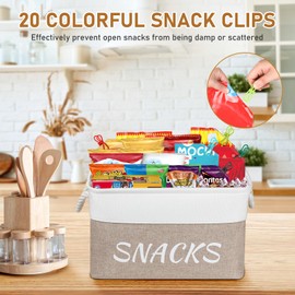 XQLIVE Snack Organizer for Pantry, Decorative Snack Basket with 10pcs Chip Clips, Snack Organizer for Desktop, Collapsible Snack Organizer for Pantry Shelf, Office, Kitchen and More