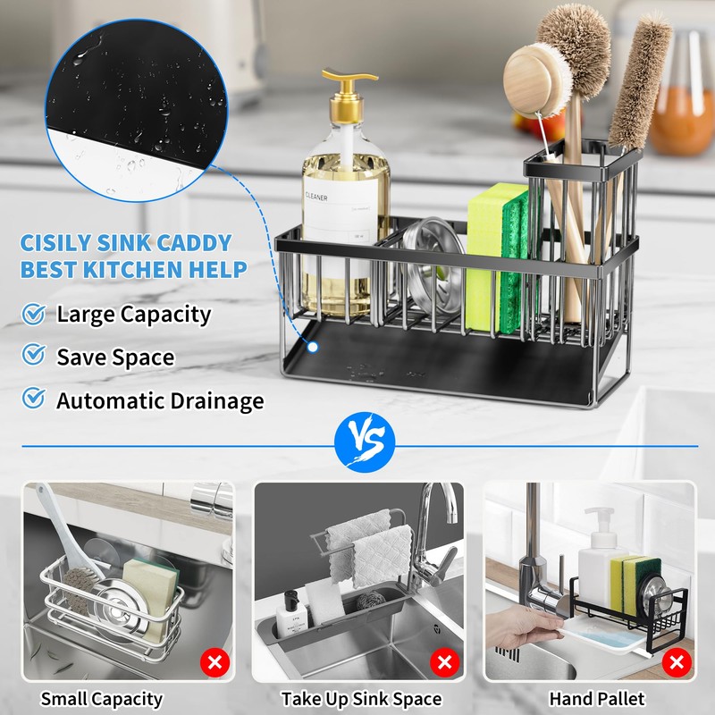 Cisily Kitchen Sink Caddy Organzier with High Brush Holder, Sponge