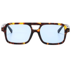 Long Keeper 70s Square Pilot Sunglasses for Women Men Retro Rectangle Sunglasses Vintage Trendy Small Double Bridge Sunglasses UV400 Protection (Leopard Blue)