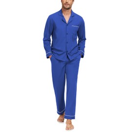 COLORFULLEAF Men's 100% Cotton Pajamas Set Button Down Pajamas for Men Long Sleeve Mens Loungewear Sets with Pockets(Cobalt Blue L)