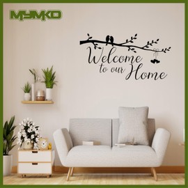 MYMKO Welcome to Our Home Size 21x11'', Birds on Branch UV DTF Wall Car Mirror Decal, Peel and Stick Wall Art Decal for Living Room Bedroom Kitchen TV Wall, Family Lover Wall Stickers Decor