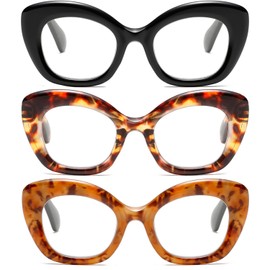 Hubeye 3 Pack Cat Eye Reading Glasses for Women Oversized Blue Light Blocking Fashion Reader with Spring Hihinge （Black+Tortoiseshell+Brown Tortoiseshell +3.0）