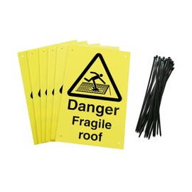 Danger Fragile Roof Warning Signs, 20 x 30 cm, Yellow Corex Board, Pack of 6 with Cable Ties