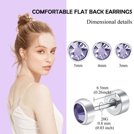 ZDE Titanium Flatback Earrings for Women Crystal Tanzanite Stud Earrings Flat Back Women's Earrings Hypoallergenic Flatback Earring Tragus Helix Tragus Conch Piercing 3 mm - 5 mm, Titanium, Tanzanite