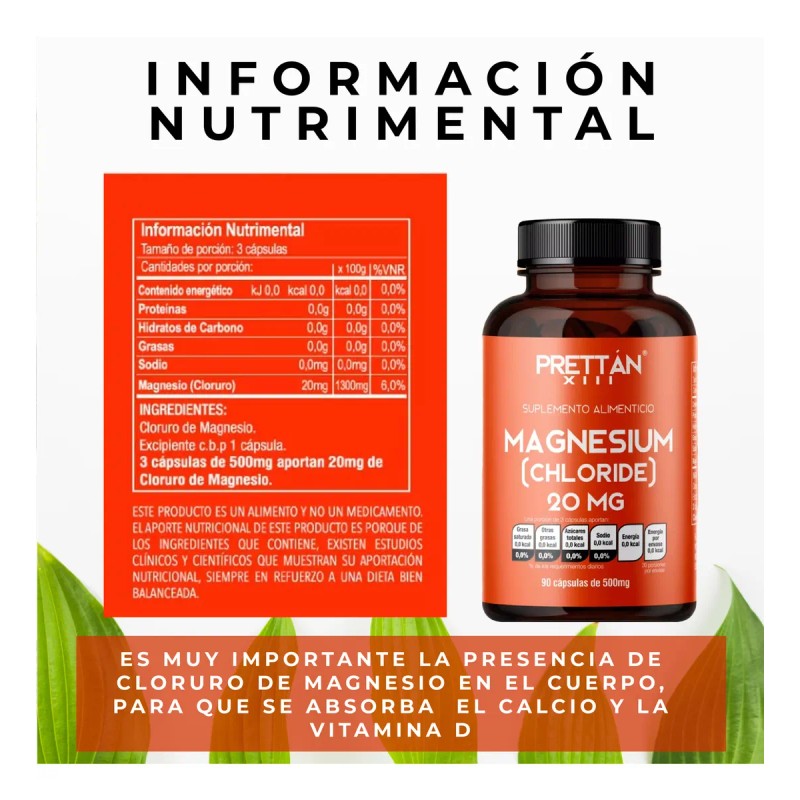 Cloruro De Magnesio 20mg 90 Cápsulas Vitamina 500mg Prettan