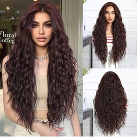 Lisook Long Brown Curly Wigs for Women Real Hair Reddish Brown Wig Synthetic Hair Replacement Wigs Womens Natural Hair Wigs Long Wavy Middle Part Wig for Cosplay Holiday Daily Party Use 28 Inches