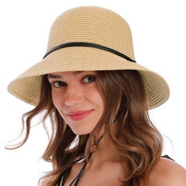 Simplicity Sun Hats for Women with UV Protection Wide Brim Straw Beach Hat with Chin Strap Cute Lightweight Foldable Sun Hat Women, Natural Brown