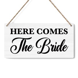 BELLOWDEER Rustic Wedding Sign Here Comes the Bride, Funny Wedding Decor Wedding Stuff Engagement Wedding Decorations, Ring Bearer Sign 12x6 Inches (White)
