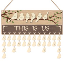 TOARTi Lovely Bird Themed Birthday Calendar Wall Hanging with 100 pcs Tags (15.75''x 6.3''), This Is Us Family Birthday Reminder Board, DIY Wooden Birthday Calendar Tracker Plaque for Home Office