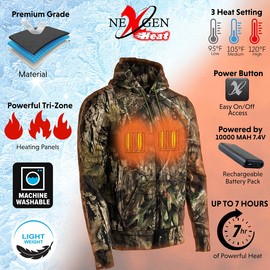 Nexgen Heat NXM1776SET Men's Camouflaged Heated Zipper Hoodies - Warming Camo Hoodie for Hunting w/Battery - Medium
