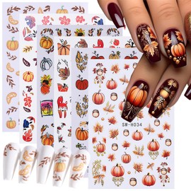 6 Sheets Thanksgiving Day Nail Stickers Fall Self-Adhesive Nail Decals Autumn Maple Leaf Pumpkin Fox Design Thanksgiving Nail Art Stickers for Women DIY Manicure Nail Decorations