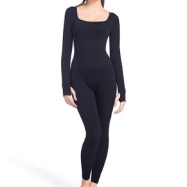 Jumpsuits for Women Tummy Control Long Sleeve Body Sculpting Full Bodysuit | Square Neck Ribbed One Piece Dupes Black X-Large