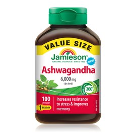 Jamieson Jamieson High-Potency Ashwagandha 6,000 mg, Increases Resistance to Stress, Adaptogen, and Enhances Memory. Non-GMO, Vegetarian, Gluten-Free, Only One Per Day, Value Size, 100 Capsules