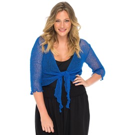 NetSetUK Women’s Fish Net Tie Up Shrug 3/4 Sleeve Fine Knitted Ladies Bolero Shrug Top Jacket Cardigan One Size Royal Blue
