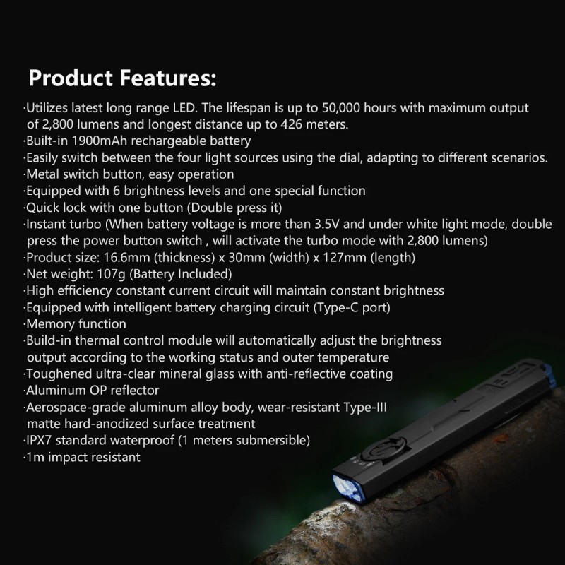 IMALENT GR35 2800 Lumen Flat EDC Flashlight with LED Light,