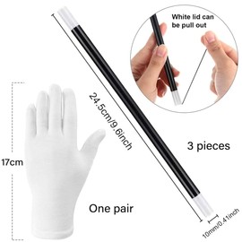 SIRLOMU 3 Pieces Long Magic Wand Plastic Wand Trick with White Party Gloves for Wizard Witch Magician Costume Fancy Dress Accessories Birthday Game Accessories (9.6 Inches) (Black and White)