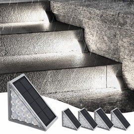 Clora 4 Pack Solar Outdoor Step Lights Triangle IP68 Waterproof Auto on Off Decoration Deck Lights for Patio Yard, Driveway, Porch, Front Door, Sidewalk (Cool White)