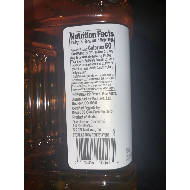 Madhava Organic Light Agave, 100% Blue Agave Sweetener Sugar Substitute,