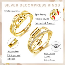 Glintara Anxiety Ring 925 Silver 2 Pieces 925 Sterling Silver Anti-Stress Ring Set, Open Adjustable Spinner Fidget Rings, Partner Rings Pair Rings Against Anxiety, Mood Ring with Beads for Women