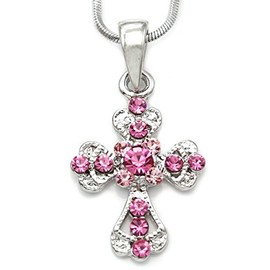 SoulBreezeCollection Christian Cross Pendant Necklace Charm Rhinestones Fashion Jewelry (Pink)