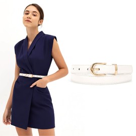 JASGOOD Womens Thin Leather Belt Skinny Faux Leather Belt for Jeans Dress with Gold Alloy Buckle(White)