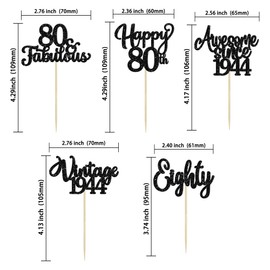 30 piezas de decoración para magdalenas de 80 cumpleaños con purpurina impresionante desde 1943, 80 fabulosas púas clásico de 1943 para magdalenas para 80 cumpleaños, aniversario, jubilación, fiesta, decoración de pasteles, suministros color negro