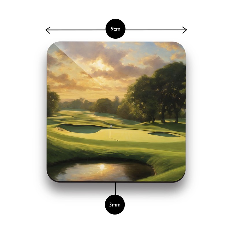 Golf Art Coaster Set, 4 x 9cm Glossy Wood Coffee