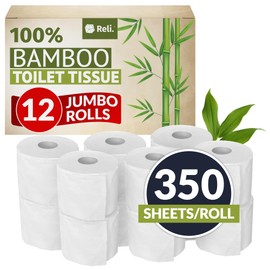 Reli. Bamboo Toilet Paper (12 Jumbo Rolls) | Bathroom Tissue Toilet Paper 2 Ply (350 Sheets/Roll) | Organic Bathroom Bulk | Bamboo Chemical Free Tissue Rolls (4200 Sheets Total)
