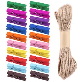 Mardatt 101Pcs Mini Wooden Clothespins with 10M/32 Feet Natural Twine, Colorful Clothes Pins Wooden Clips Paper Peg Pin Craft Clips for Crafts Photo Picture Hanging(Colorful)