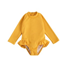 Lamuusaa Kid Baby Girls One Piece Swimsuit Long Sleeve Zipper Swimwear Ruffle Rashguard Bathing Suits Beachwear (Yellow, 12-18 Months)