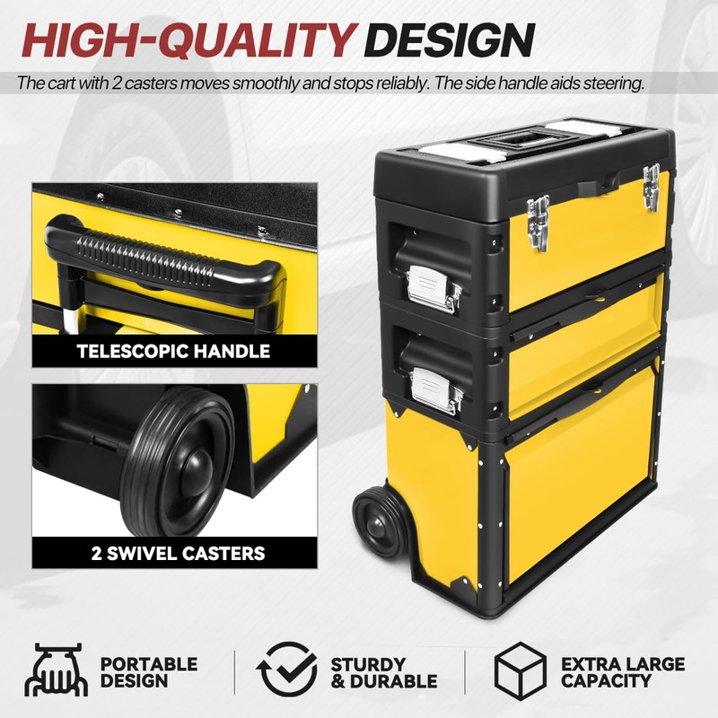 D SOLUTIONS Rolling Tool Box, 3-Drawer Stackable Storage Trolley Garage