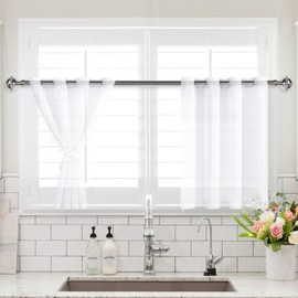 XWZO White Faux Linen Sheer Curtains, Light Filtering, Airy & Breathable Faux Linen Voile, Grommet Window Curtains for Kitchen Room, Farmhouse, Nursery, 52 x 36 inches Length, Set of 2 Panels