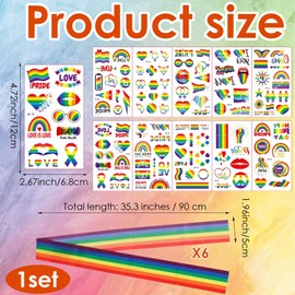 6 Stück Regenbogen Band, Rainbow Bänder, Pride Temporäre Tattoos, 10 Stück Rainbow Sticker, Pride Rainbow Ribbon Set, 90 cm lang, 5 cm breit, Hochwertige Polyester-Materialien