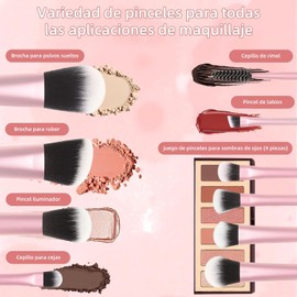 15 Piezas Brochas para Maquillaje con 10 Brochas, 2 Esponjas, 2 Borlas para Polvos y Bolsa, Set de Brochas para Maquillaje Multiusos es Ideal Tanto para Viajar Como para el Uso Diario (Rosa)
