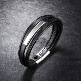 Gkmamrg Men's Leather Bracelet with Engraving “Dad”, Leather Bracelet Bangle with Gift Box for Dad / Father, Great Gift, Black bracelet with extra links.