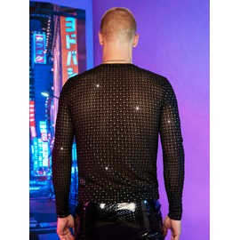 WDIRARA Men's Rhinestone Trim Mesh Sheer Long Sleeve Round Neck Party Blouse Shirts Black S