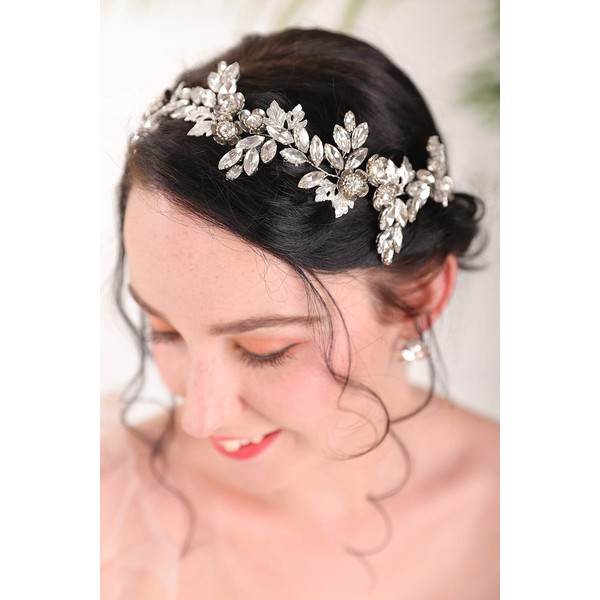 FXmimior Bridal Hair Jewelry Crystal Headband Silver Leaves Hair Vine with Earrings for Brides Flower Girls Gold Hair Jewelry Halo Tiaras Crowns for Women (Headband)