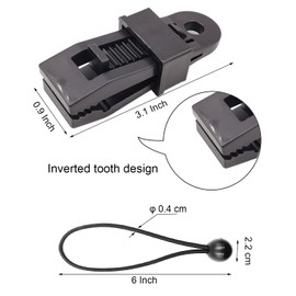 BINCKIN 20PCS Tarp Clip Bungee Cord with Ball, Black Reusable Awning Clips and Bungee Cords with Balls, Adjustable Tarpaulin Clips and Ball Bungees