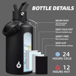 BJPKPK 2/3 Gallon Water Bottle with Straw Lid, 50oz, 64oz, 87oz, 128oz Large, Stainless Steel Water Bottles with 3 Lids and Paracord Handle, Double Wall Vacuum Metal Jug, Black