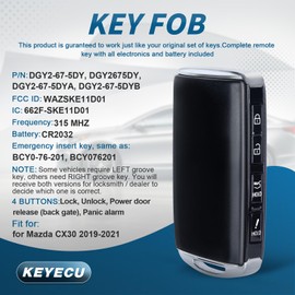 Keyecu 4 Button Proximity Replacement Smart Key Fob for Mazda CX-30 CX-50 2020 2021 2022 2023 FCC ID: WAZSKE11D01 FSK 315mhz (Hatch Button)