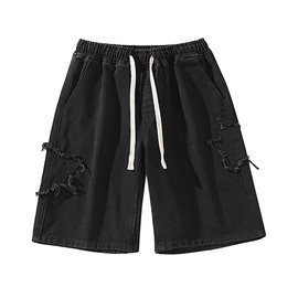 FDKLOOK Womens Black Jorts Star Patchwork Wide Leg High Waisted Drawstring Y2k Vintage Baggy Denim Shorts XXL