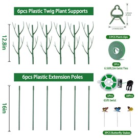 6 Pack Plant Support Plant Stakes for Indoor and Outdoor Plants, 28.8” Plant Sticks with Plant Clips Twist Tiers and Plant Tiers for House Potted Plants, Monstera Plant Support for Climbing Plants