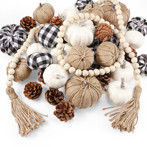 Jutom 24 Pcs Mixed Artificial Fake Pumpkins White Plaid Fabric