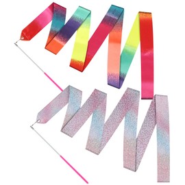 JBM 2 Pcs Dance Ribbons 78.7 Inch Sparkling Dance Ribbon Streamers Rhythmic Gymnastics Ribbon with Wand Twirling Dancing Ribbons Rhythmic Long Ribbon Streamers (Sparkling and Gradient)