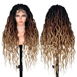 ANNISOUL Brown with Blonde Faux Locs Wigs for Black Women Curly Goddess Faux Locs Crochet Hair Full Lace Braid Wig with Baby Hair Braided Wig Goddess Dreadlock Wig