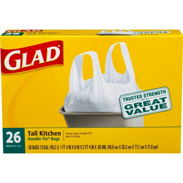 Glad Tall Kitchen Handle-Tie Trash Bags, White, 13 Gallon, 26 Count