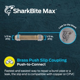 SharkBite Max 1/2 Inch Slip Coupling, Push to Connect Brass Plumbing Fitting, PEX Pipe, Copper, CPVC, PE-RT, HDPE, UR3008A
