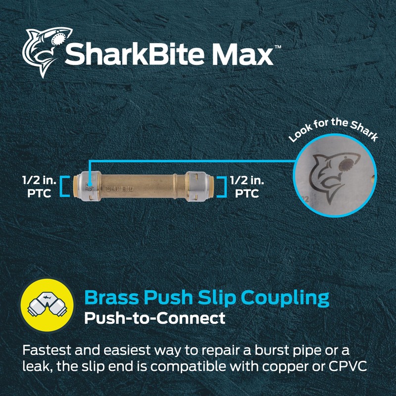 SharkBite Max 1/2 Inch Slip Coupling, Push to Connect Brass