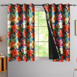 Vibrant Orange Floral Blackout Curtains 54 Inch Length With Tiebacks Light Blocking for Short Bay Windows Kitchen ,Thermal Insulation Colorful Vivid Flower Patterned Drapes Grommet 2 Panels 52Wx54L