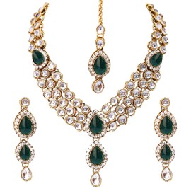 Aheli Wedding Wear Indian Kundan Maang Tikka Earrings Necklace Set Bollywood Ethnic Traditional Jewelry for Women